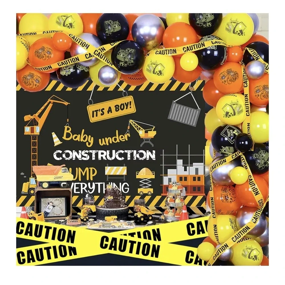 Construction Baby Shower Decorations Balloon Garland Kit Backdrop Caution Tape